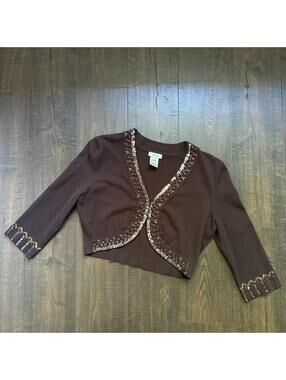 Vintage Cache Beaded Cropped Bolero Hook & Eye Brown Sz M Formal Evening Jacket